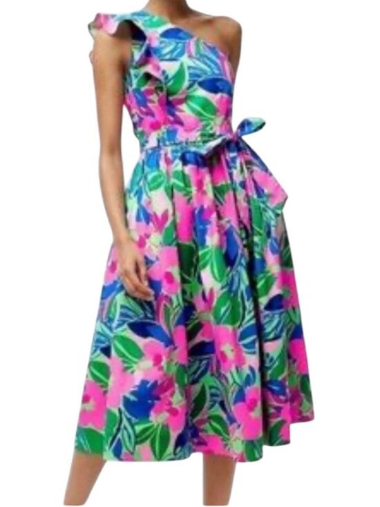 J.CREW Dresses & Skirts - J Crew one shoulder ruffle fit flair bold color/print floral midi dress sz 20